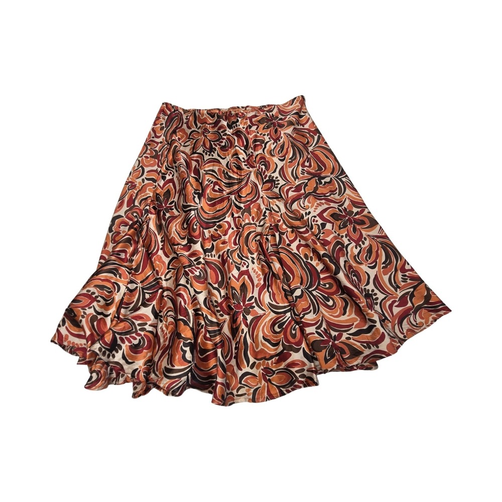 New York & Company 100% Silk Abstract Floral Paisley Midi Skirt Orange Brown L